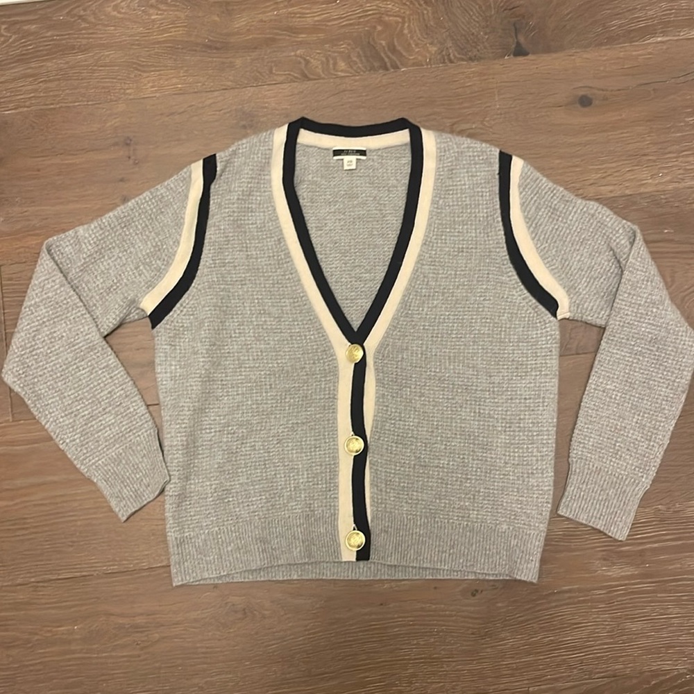 Grey cashmere Jcrew cardigan with gold buttons